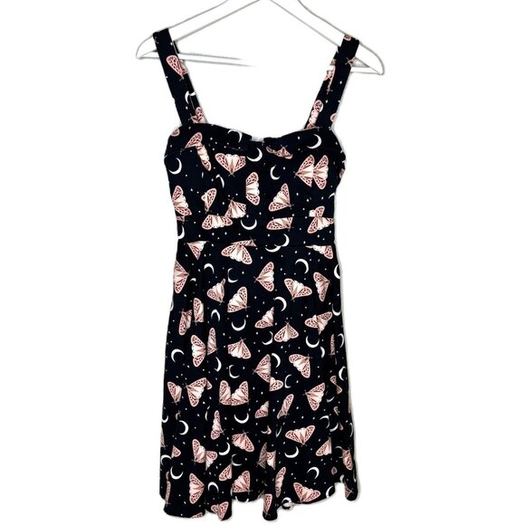 Eva Rose Black Moth & Moon Print Retro Pin-Up Style Dress, Sweetheart Neckline - Picture 1 of 8